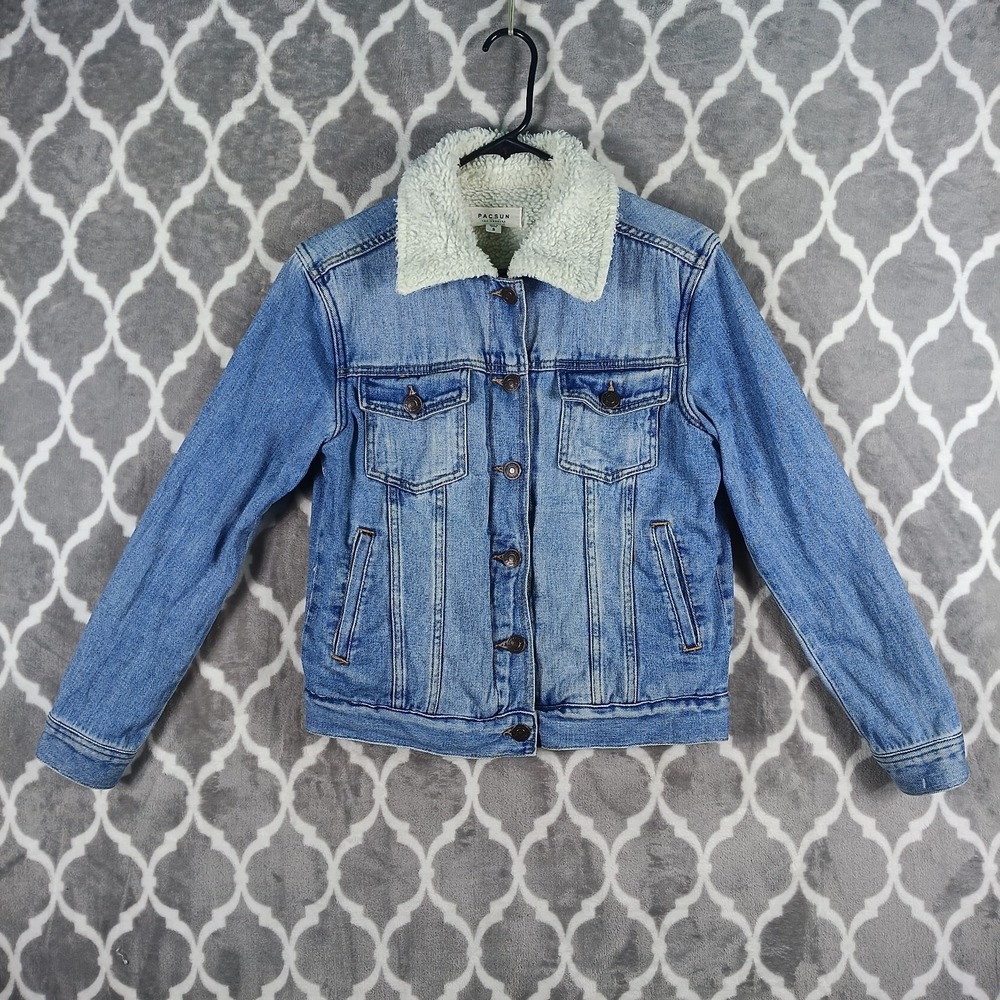 PacSun Denim Trucker Jacket Women Size Small Blue Sherpa Lined Western
